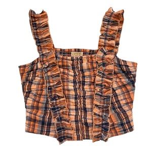 Verb by Pallavi Singhee Anthropologie Ruffled Plaid Top Orange Motif Smocked S